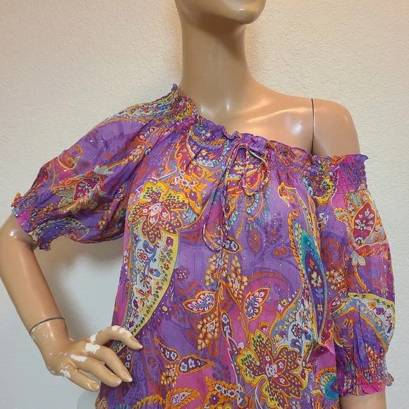 RALPH LAUREN sheer SILK METALLIC off-shoulder floral paisley smocked Boho top M - Picture 3 of 6